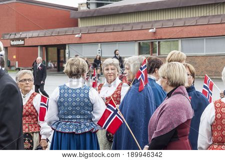 VERDAL NORWAY - MAY 17 2017: National day in Norway. Norwegians at traditional celebration and parade on may 17 2017 in Verdal. People on parde before school in Verdal. Constitution Day is the National Day of Norway and is an official national holiday obs
