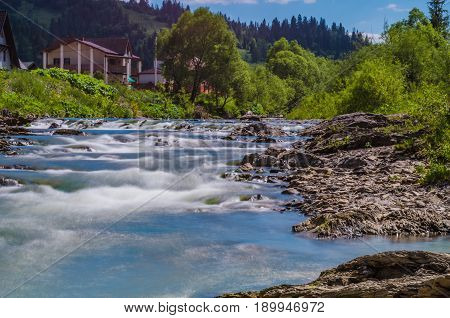 Background Of Carpathian Mountain River With Long Exposure