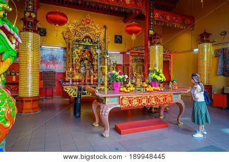 Kuala Lumpur, Malaysia -March 9, 2017: Inside of Guan Di Temple, a beautiful Buddhist shrine located in the city downtown