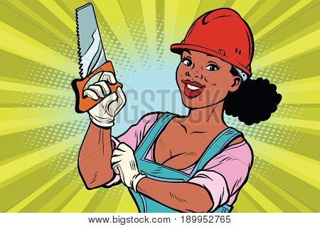 Woman professional. Construction worker with the repair tool saw. African American people. Comic book cartoon pop art retro colored drawing vintage illustration