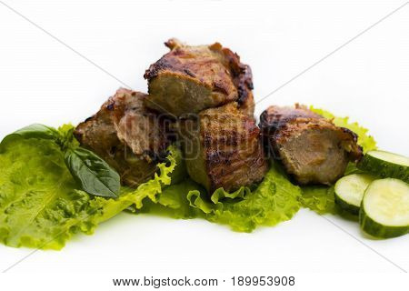 Grilled Shish Kebab Or Shashlik On Skewers Closeup On White Background