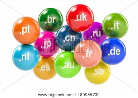 Set of colored balls with country code top-level domain names 3D rendering