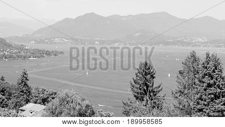 In Italy Landscape Panorama Of Lake And Mountain