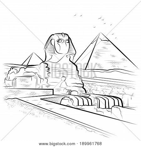 Drawing pyramids and Sphinx in Giza Egypt. Vector illustration