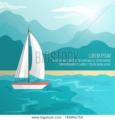 Boat on beach Vector illustration Sailing boat is sailing along the seashore
