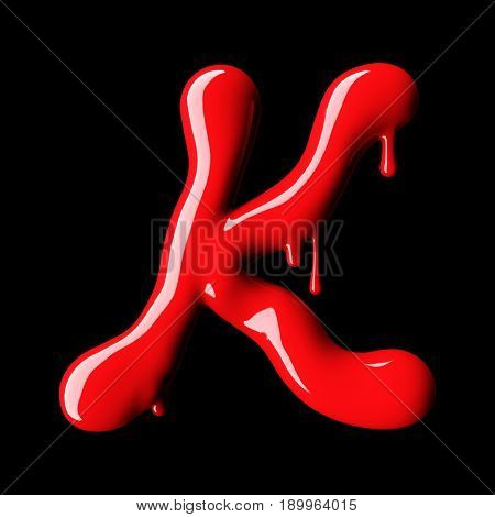 Glossy red letter K uppercase. 3D rendering font with glint on black background.
