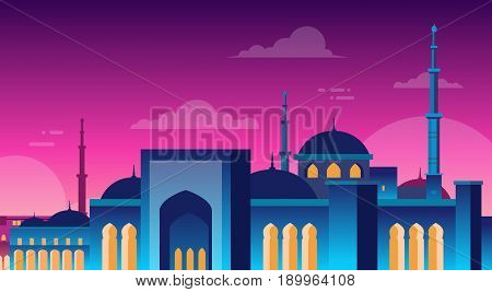 Muslim Cityscape Nabawi Mosque Building Religion Night View Flat Vector Illustration