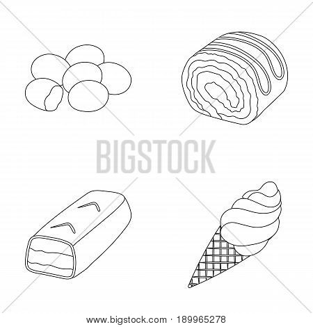 Dragee, roll, chocolate bar, ice cream. Chocolate desserts set collection icons in outline style vector symbol stock illustration .