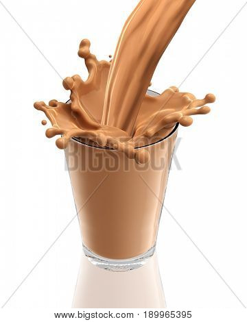 Splash of chocolate milk from the glass on isolated white background. 3d rendering