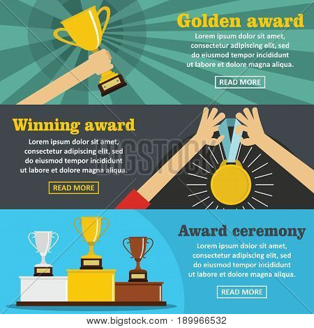 Winning award banner horizontal concept set. Flat illustration of 3 winning award vector banner horizontal concepts for web