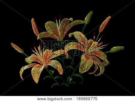 Emroidery fashion design template with yellow garden lily stitched pattern vector floral illustration