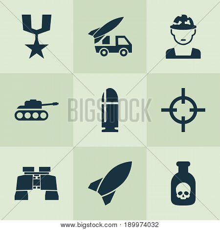 Battle Icons Set. Collection Of Order, Ordnance, Military And Other Elements. Also Includes Symbols Such As Soldier, Target, Rocket.