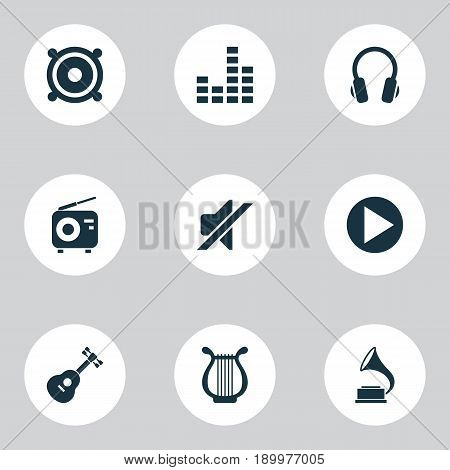 Audio Icons Set. Collection Of Earphone, Lyre, Start And Other Elements. Also Includes Symbols Such As Silent, Lyre, Radio.