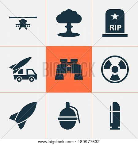 Combat Icons Set. Collection Of Ordnance, Dangerous, Missile And Other Elements. Also Includes Symbols Such As Tomb, Bomb, Atom.