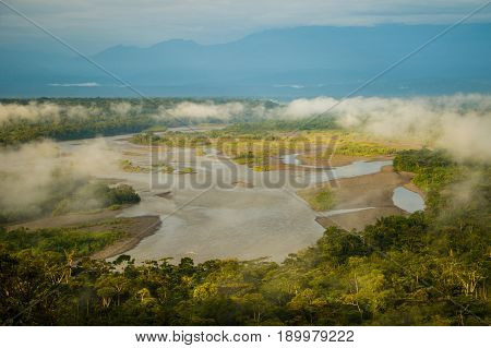 The morning in rain forest in Amazonic jungle with sunlight and fog, Ecuador