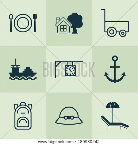 Travel Icons Set. Collection Of Ranch Home, Woman Cap, Cargo Boat And Other Elements. Also Includes Symbols Such As Rucksack, Ship, Time.