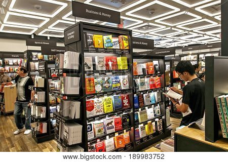 New York June 1 2017: People are browsing a newly opened Amazon Books store in Time Warner Center.