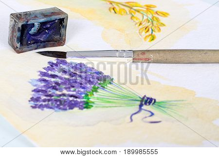 Beautiful photo of watercolor illustration with lavender in provence style