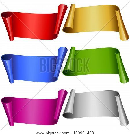 Vector Set of Vintage Curly Banners Ribbons. Redd Gold Blue Green Purple and Silver Shiny Scroll Frames Template Isolated of White Background