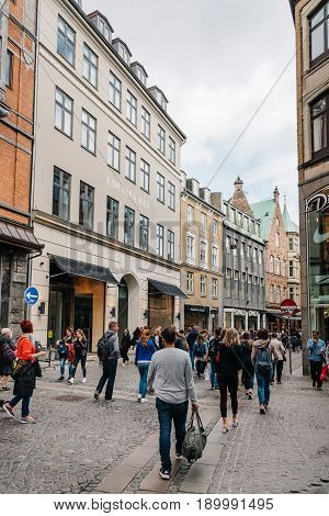 Copenhagen Denmark - August 10 2016. Stroget Street. Commercial street in historical city centre of Copenhagen a cloudy day of summer