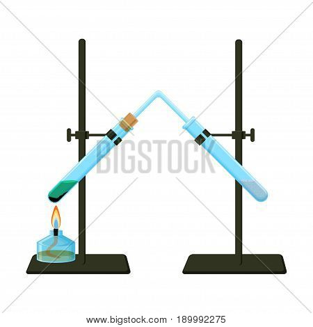 Chemical experiment  of thermal decomposition of solid compound to gas. Two tripods holding test tubes with chemical substances linked with glass pipe and alcohol burner. Cartoon vector illustration.