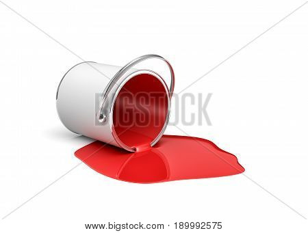 3d rendering of a red paint bucket lying on its side with all paint leaking out. Renovation and design. Interior. Building supplies.