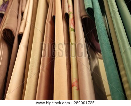 Sale! colorful fabrics in the store, close up