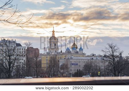 Moscow, Russia - 02.27.2019: Dawn Over Moscow, Temple, Church, Chapel, Crosses And Domes, Novospassk