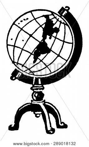 Globe or El mundo, geography,  school supply, world,  vintage line drawing or engraving illustration.