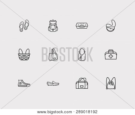 Bags Icons Set. Flip-flops And Bags Icons With Safari Bag, Sling Bag And Hobo. Set Of Sale For Web A