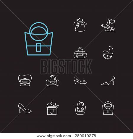 Bags Icons Set. Cowboy Boots And Bags Icons With Suede, Slingbacks And Computer Bag. Set Of Model Fo