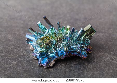 Bismuth Crystals On A Dark Background. This Is The Most Strongly Diamagnetic Element And Also The He