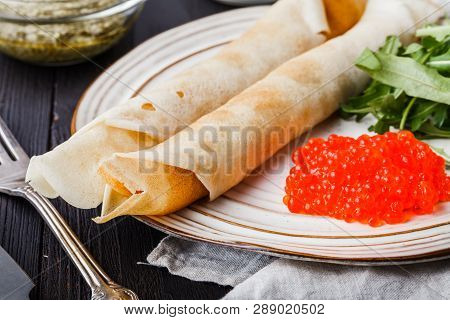Pancakes With Red Caviar, Carnival In Russiaa