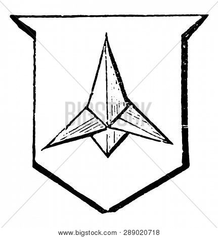 Caltrop is an iron instrument made to annoy an enemy's cavalry, vintage line drawing or engraving illustration.