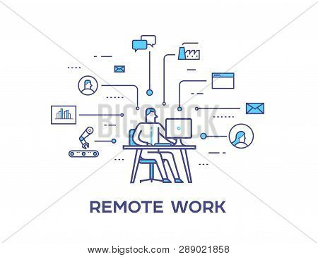Business Person Working On Computer. Businessman Sitting On A Red Chair In His Workplace . Business 