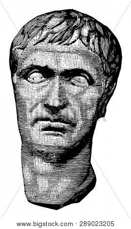 Lucius Cornelius Sulla Felix, A sculpture of the head,  a Roman general and politician,  holding the office of consul twice as well as the dictatorship, vintage line drawing or engraving illustration.