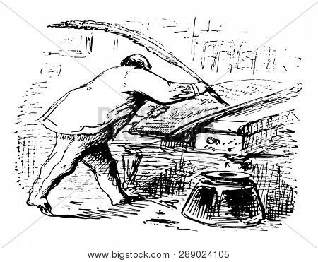 Thomas Nast Writing with a Feather Pen or drawing caricatures, people writing and historic, vintage line drawing or engraving illustration