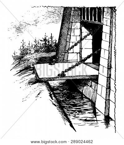 Draw Bridge is movable bridge typically associated with the entrance of a castle, it also referred as ditch or moat which is crossed by wooden bridge, vintage line drawing or engraving illustration.