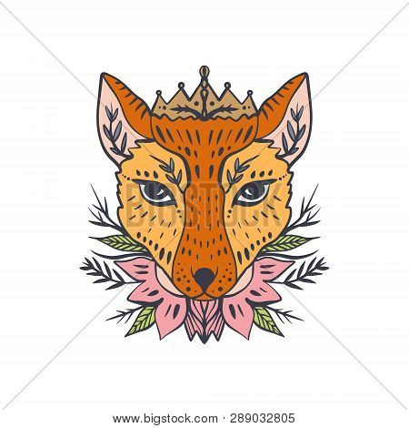 Beautiful Girl Fox Face, Boho Hippie Illustration. Portrait With Ornament. Northen Style, Sticker
