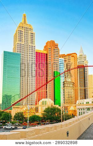 Main Street Of Las Vegas-is The Strip In Evening Time. Casino, Hotel And Resort- New York.