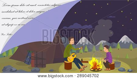 Vector Flat Dad Plays Guitar Fire Night Son Listens Sings Rejoices. Family Went Camping On Weekend I