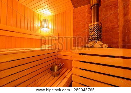 Small Home Finnish Wooden Sauna, Spa Room. Relax In A Hot Sauna, Finland-style Classic Wooden Sauna 