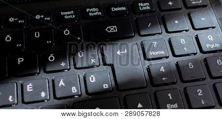 Laptop Keyboard, Black Keyboard. Keyboard Close Up With Sun Ray.