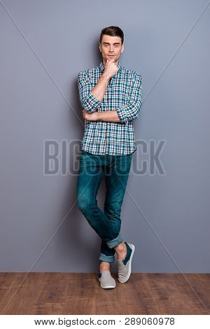 Vertical Full Length Body Size Photo Wondered He Him His Man Arm Hand Chin Perfect Hairdo Styling Ea