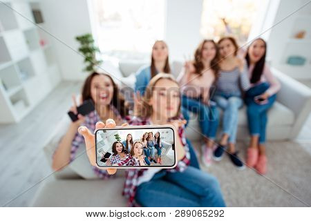 Above Hign Angle View Of Nice Charming Attractive Cheerful Cheery Ladies Taking Making Selfie Showin