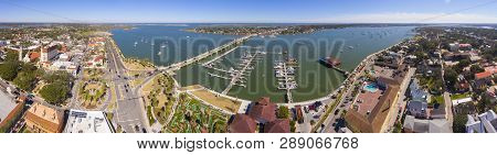 Bridge Of Lions Aerial View Panorama Over Matanzas River In St. Augustine, Florida, Usa.