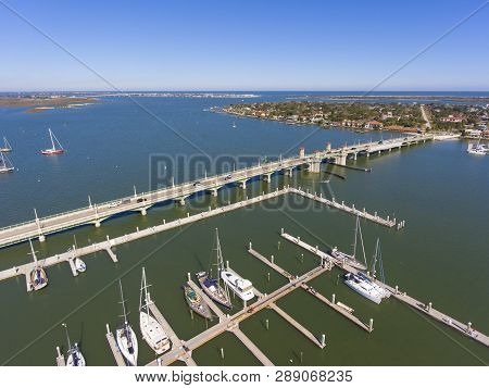 Bridge Of Lions Aerial View Over Matanzas River In St. Augustine, Florida, Usa.