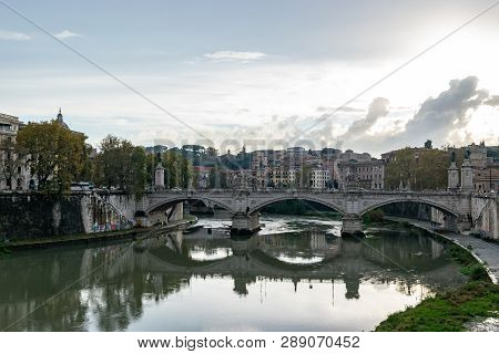Rome, Italy - November 4, 2018: Ponte (bridge) Vittorio Emanuele Ii A Famous Bridge In Rome Across T