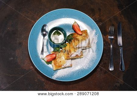 Russian Traditional Pancakes, Blini On Blue Plate