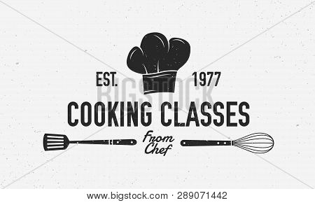 Cooking Vintage Logo. Cooking Class Template Logo With Spatula And Whisk . Modern Design Poster. Lab